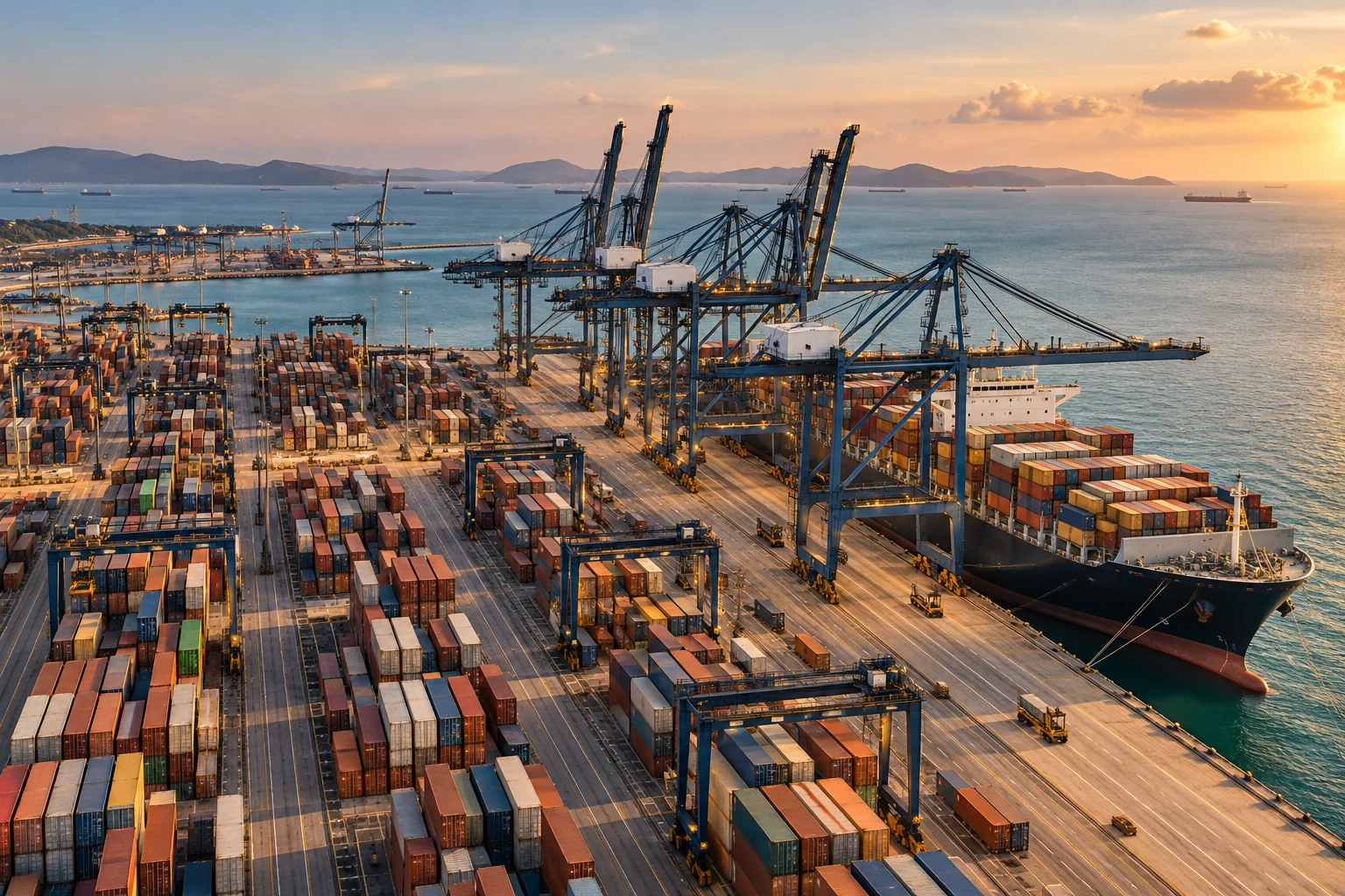 Aerial view of a container vessel, port cranes and organised freight terminal